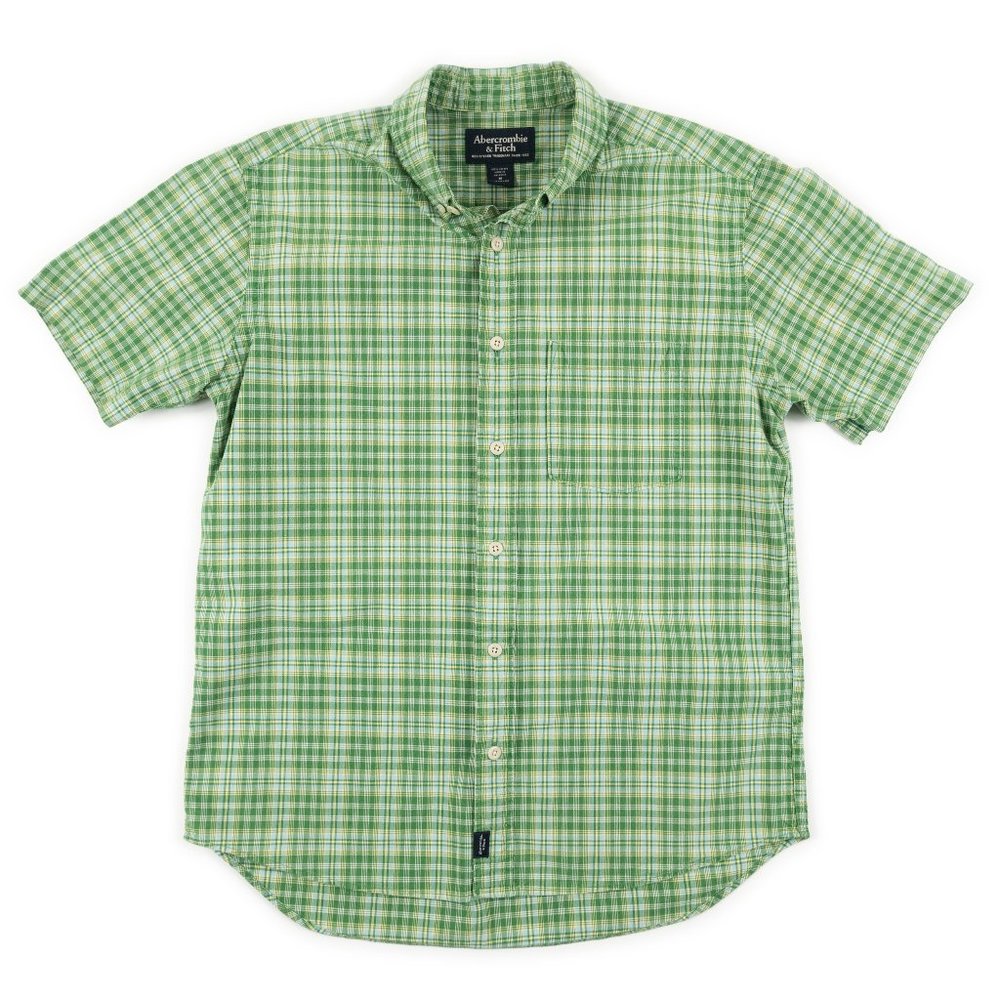 ABERCROMBIE & FITCH green plaid short sleeve button down shirt size M